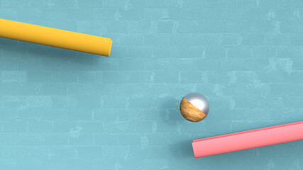 Three dimensional render of small sphere bouncing between two pipes againstturquoise colored brick wall