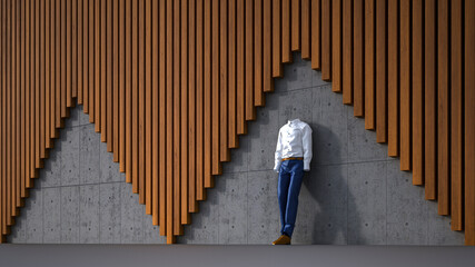 Three dimensional render of invisible personleaning against concrete and wooden wall