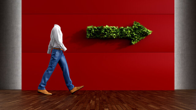 Three Dimensional Render Of Invisible Personwalking Past Red Wall With Arrow Symbol Made Of Green Ivy