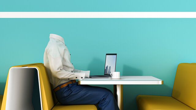 Three dimensional render of invisible person working on laptop at cafe table