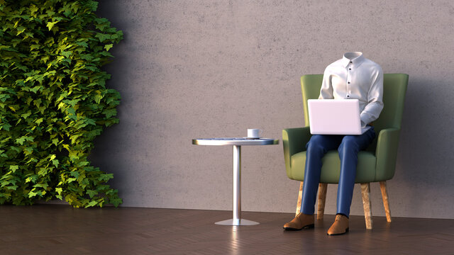 Three dimensional render of invisible person sitting in armchair with laptop