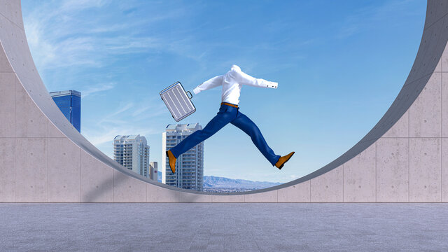 Three dimensional render of invisible personjumping on rooftop with suitcase in hand
