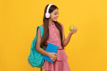 september 1. healthy childhood. child with school bag. music. cheerful teen girl carry backpack. - obrazy, fototapety, plakaty