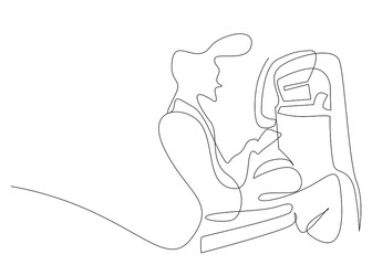 Concept of a teenager sitting in an airplane seat and holding a phone. use of technology in transportation