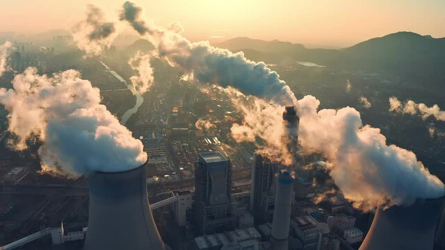 Aerial view thermal power plant at sunrise