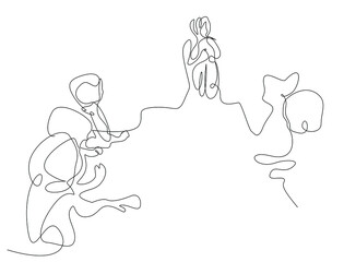 hijab women and people from different cultures do group  at work. A Muslim woman is in the middle giving a presentation to her colleagues.