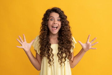 haircare and skincare. hairdresser. shocked kid with curly hair. teen beauty hairstyle.