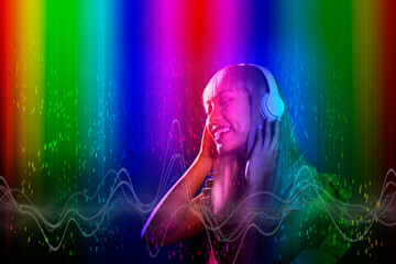 Colorful wave pattern on smiling young woman listening music over colored background