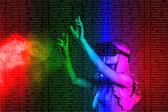 Young woman wearing virtual reality simulator gesturing over colored background
