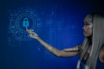 Cyborg touching lock icon against blue background