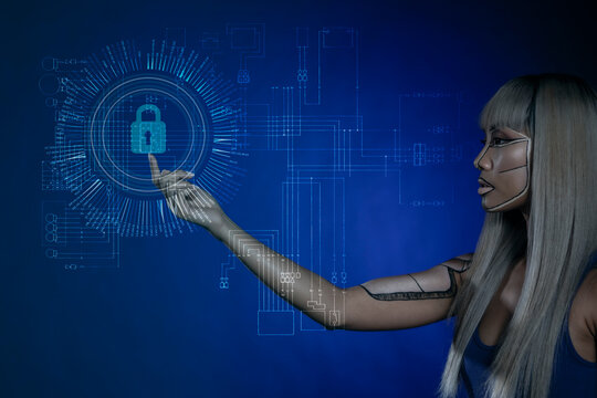 Cyborg touching lock icon against blue background