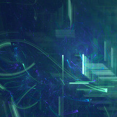 Abstract fractal art background. Blue and green fragmented lines and shapes, perhaps suggestive of window reflections.