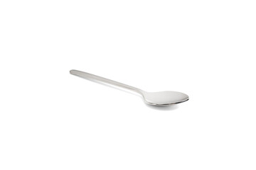 Clean shiny metal spoon isolated on white. Stainless steel small kitchen dessert teaspoon cut close up. Tablespoon. Kitchen utensils concept