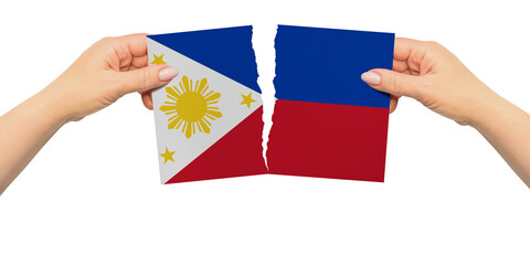 World countries. Woman hands are are holding two parts of flag. Philippines