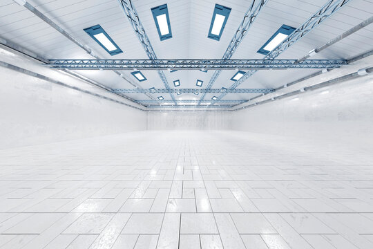 Three dimensional render of bright empty warehouse with tiled floor