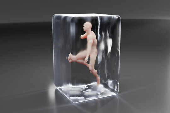 Three dimensional render of naked man cryogenically frozen in block of ice