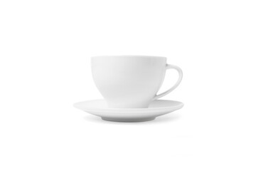 White cup and saucer isolated on white background. Ceramic coffee cup or tea mug and dish for drink close up. Mock up classic porcelain utensils