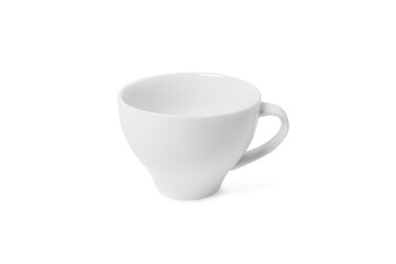 White cup isolated on white background. Ceramic coffee cup or tea mug for drink close up. Mock up classic porcelain utensils