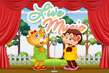 Cat and monkey performing singing on stage