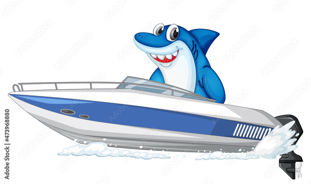 Wall mural Shark on speed boat cartoon character on white background