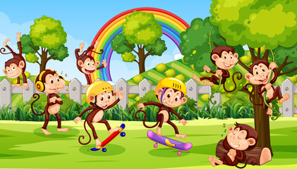 Obraz na płótnie Canvas Outdoor park with little monkeys doing different activities