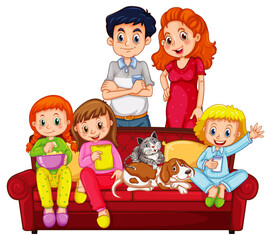 Personnage de dessin animé de famille heureuse sur fond blanc