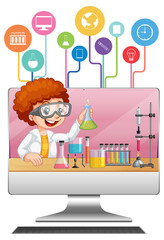 Computer met wetenschapper kid-cartoon