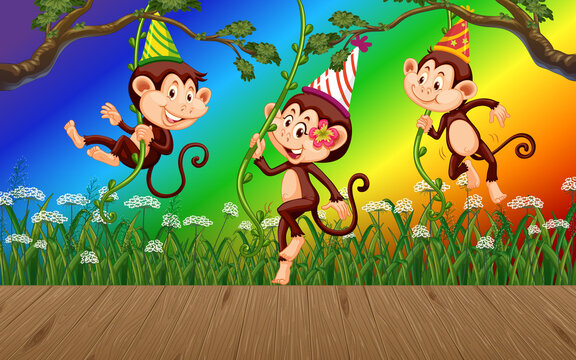 Monkey in the forest on gradient rainbow background