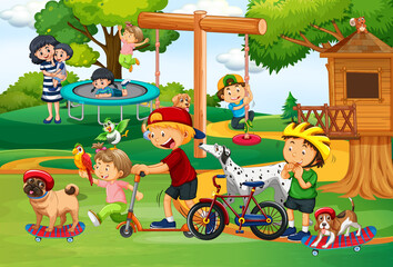 Kinderen spelen met hun dieren in de speeltuin