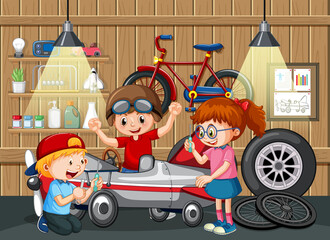 Garagescène met kinderen die samen een auto repareren
