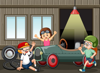 Garagescène met kinderen die samen een auto repareren