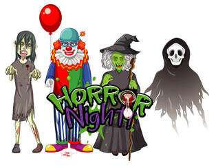 Horror Night-tekstontwerp met Halloween-spookkarakters