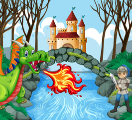 Dragon et chevalier dans la scène de la forêt du château