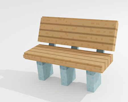 Park bench, a digital art of public outdoor wooden plank bench for relaxation isometric voxel raster 3D illustration render on white background.