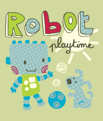 Cute cartoon robot playing football with robotic dog vector illustration, t shirt design for kids boys and infant.