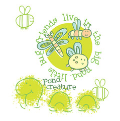 little bug friends living in the big pond hand drawn cartoon vector illustration for kids t shirts, frocks, book covers, stickers and pajamas.