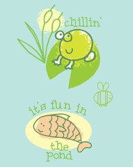 green little frog and cute baby fish in a pond chilling and having fun in water hand drawn vector illustration for kids t shirts, book covers, stickers and other apparel use.