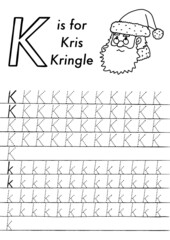 Christmas and New Year preschool ABC tracing worksheet. Simple educational printable game with colouring images and letters. Kids play and learn pages.