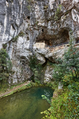Picturesque chapel and sanctuary on a cave. Covadonga, Asturias. Spain