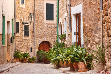 Traditional stone alley decorated with plants in Mallorca, Spain