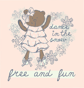 Cute Baby Teddy Bear Dancing In The Snow Kids T Shirt Graphic, Free And Fun Little Bear Cub Isolated On Pink Background Vector Illustration