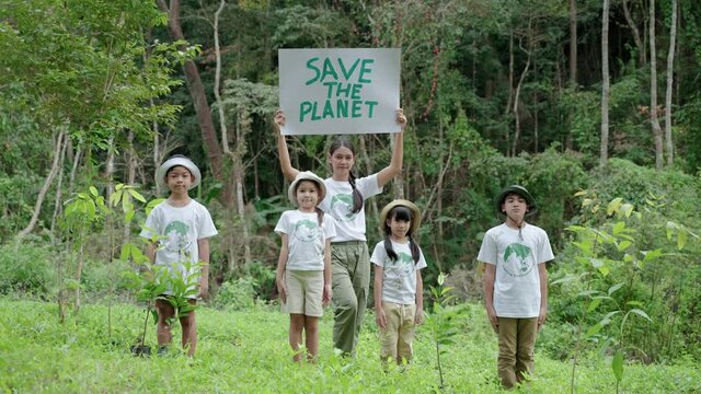 Children join as volunteers for reforestation,children holding up signs to save the planet, earth conservation activities to instill in children are patient, selfless and loving nature.
