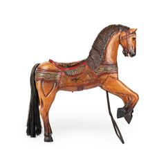 Vintage wooden horse toy on white background
