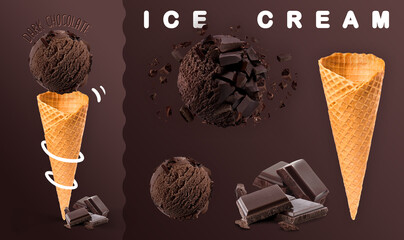 Dark chocolate ice cream. Scoops of dark chocolate ice cream with waffle cone and dark chocolate photography. 3D illustration for banners, landing pages and web pages with summer motifs