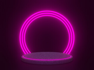 3D rock podium with pink neon lights. Stone mockup on black background.