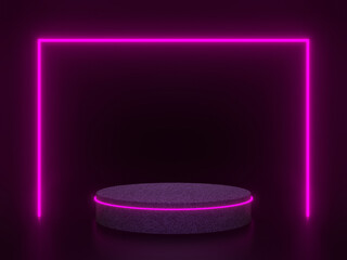 3D rock podium with pink neon lights. Stone mockup on black background.