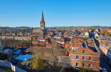 Fototapeta na wymiar Aerial view of the skyline of Exeter with spire of St Michaels and all angels church, Devon UK