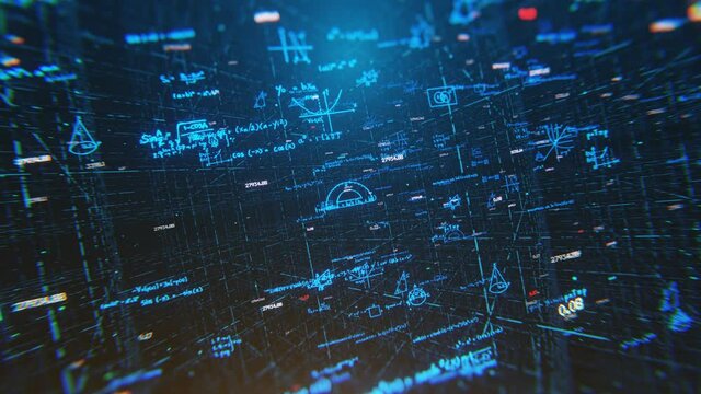 Mathematical formulas and graphs. 3D space with formulas. Loop 3D 4K animation video