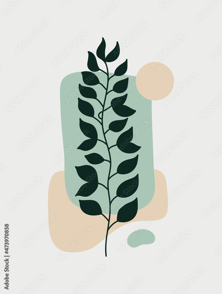 Poster modern abstract aesthetic background with geometric balance doodle shapes and branch. wall decor in 