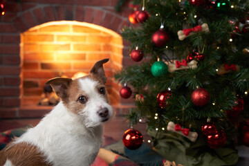 funny christmas dog. jack russell in a festive home interior. holidays with a pet near a new year...